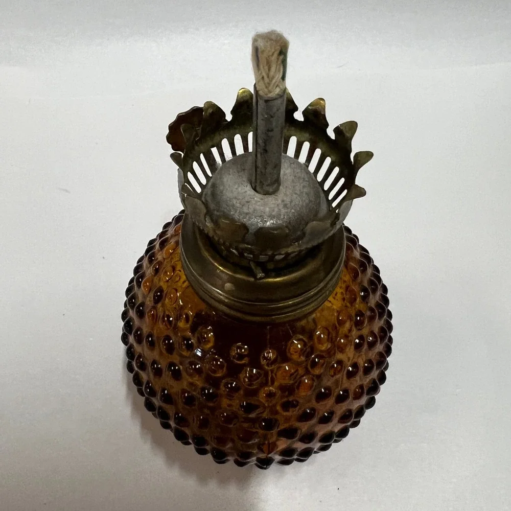 Vintage Amber Glass Hobnail Miniature Oil Lamp 8 1/4